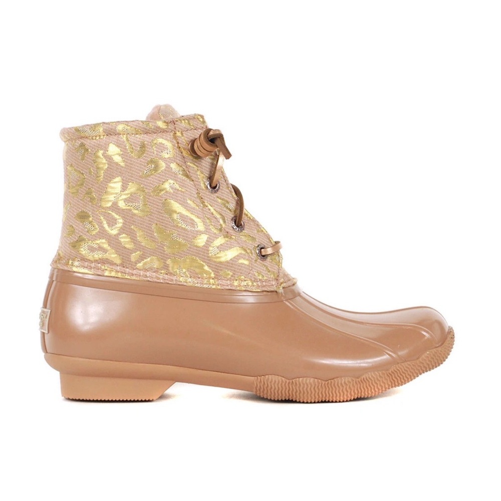 Sperry Saltwater Pink Gold Metallic Jacquard Leopard Duck Boots